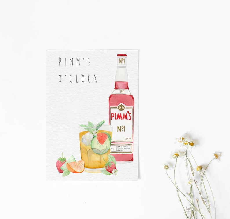 May include: A watercolor illustration of a glass of Pimm's with cucumber, strawberries, and orange slices. The illustration also includes a bottle of Pimm's No. 1 with the text "Pimm's O'Clock" at the top.