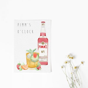May include: A watercolor illustration of a glass of Pimm's with strawberries, cucumber, and orange slices. The text "Pimm's O'Clock" is written above the glass. A bottle of Pimm's No. 1 is shown to the right of the glass.