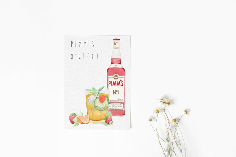 May include: A watercolor illustration of a glass of Pimm's with strawberries, cucumber, and orange slices. The text "Pimm's O'Clock" is written above the glass. A bottle of Pimm's No. 1 is shown to the right of the glass.
