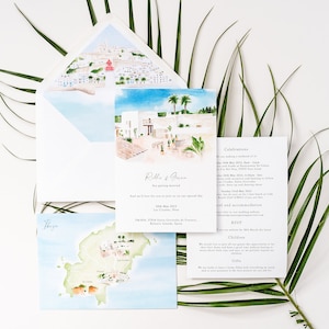 Suite de faire-part de mariage à destination | Faire-part de mariage de voyage aquarelle | Mariage à Ibiza | Mariage en Espagne | Faire-part de mariage sur la plage
