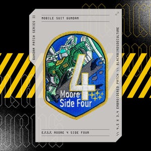 May include: A green and blue embroidered patch with a robot and the text "Moore Side Four" and "E.F.S.F. Moore 4 Side Four".