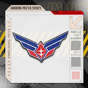 May include: Embroidered patch featuring a red, white and blue stylised wing design with a star in the centre. The patch is 4.5 inches by 2.5 inches and reads "Mobile Suit Gundam Davao Airbase".