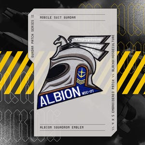 May include: An embroidered patch featuring the Albion Squadron emblem from Mobile Suit Gundam. The design displays a silver knight helmet with a horse crest, Greek text, and a blue base with the white text ALBION and MSC-07 in the corner.
