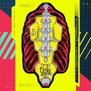 May include: Embroidered back patch with a cyberpunk theme. The design features a yellow spinal column and rib cage, with text that reads "CYBERPUNK" and "GIANT SANDEVISTAN MK.4". The patch is 17.78 x 30.48 cm.