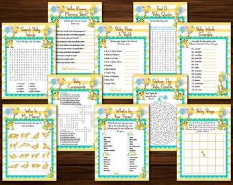 Giraffe Baby Shower Games Package, Unisex Giraffe Baby Shower Theme, 10 Safari Baby Shower Games, Printable Shower Games For Boys Or Girls