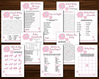 May include: A set of 10 printable baby shower games featuring pink elephants with gray accents. The games include "Who Knows Mommy Best?", "Price is Right", "Find a Baby Quote", "Baby Word Scramble", "Search Baby Words", "Baby Bingo", "What's in Your Purse?", "Who is My Mama?", "Baby Crossword", and "Deliver the Baby".
