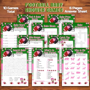 Football Baby Shower Games Package, Girl Football Baby Shower Theme, 10 Pink and Green Shower Games, Printable Shower Games, Sports Football