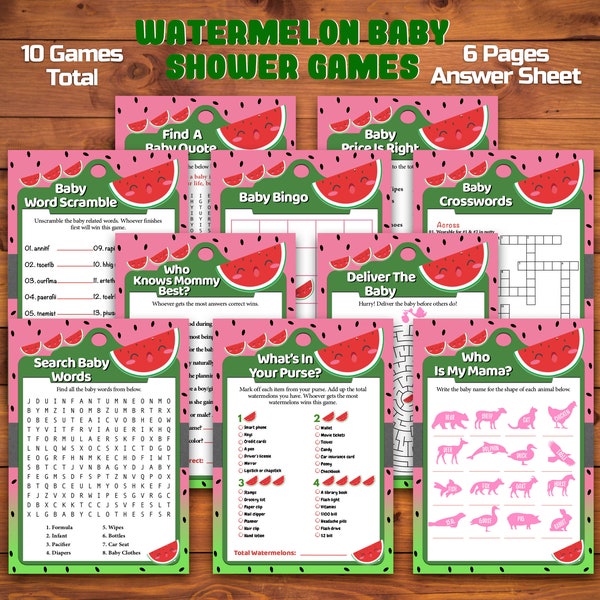 Watermelon Baby Shower Games Package, Printable Baby Shower Games, Watermelon Theme Baby Shower Games, Pink and Green Girl Baby Shower, WMBS