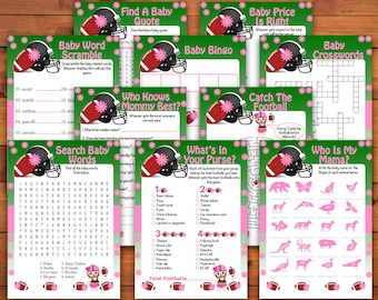 Voetbal babyshowerspellenpakket, meisjesvoetbalbabyshowerthema, 10 roze en groene douchespellen, afdrukbare douchespellen, sportvoetbal