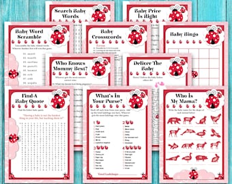 Ladybug Baby Shower Games Package, Printable Baby Shower Games, Ladybug Theme Baby Shower Games, Red and Black Girl Baby Shower, LBBS