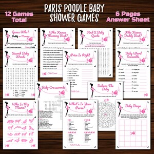 Lekpaket för babyshower i Paris, pudel, babyshowerspel i Paris, Eiffeltornet, fransk bebis, utskrivbara spel, gratis graviditetschecklista bild 1
