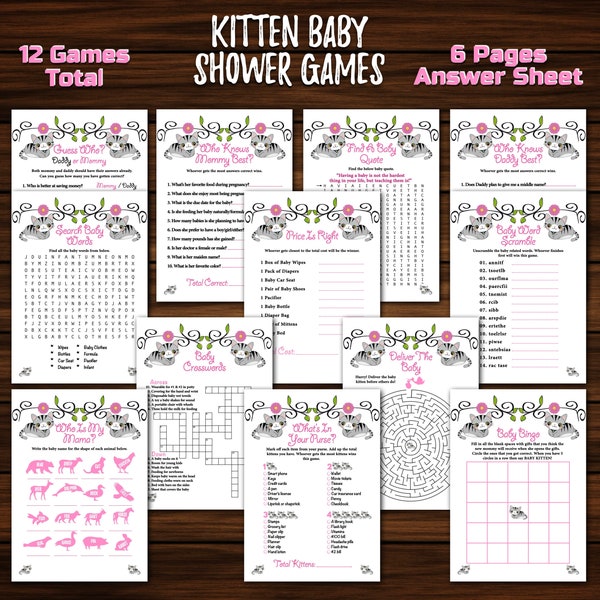 Cat or Kitten Baby Shower Games Package Set, Baby Shower Game Bundle, 12 Kitty Printable Games For Baby Girl, BONUS Hospital Bag Checklist