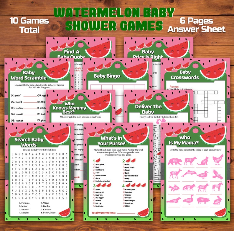 Watermelon Baby Shower Games Package, Printable Baby Shower Games, Watermelon Theme Baby Shower Games, Pink and Green Girl Baby Shower, WMBS image 1