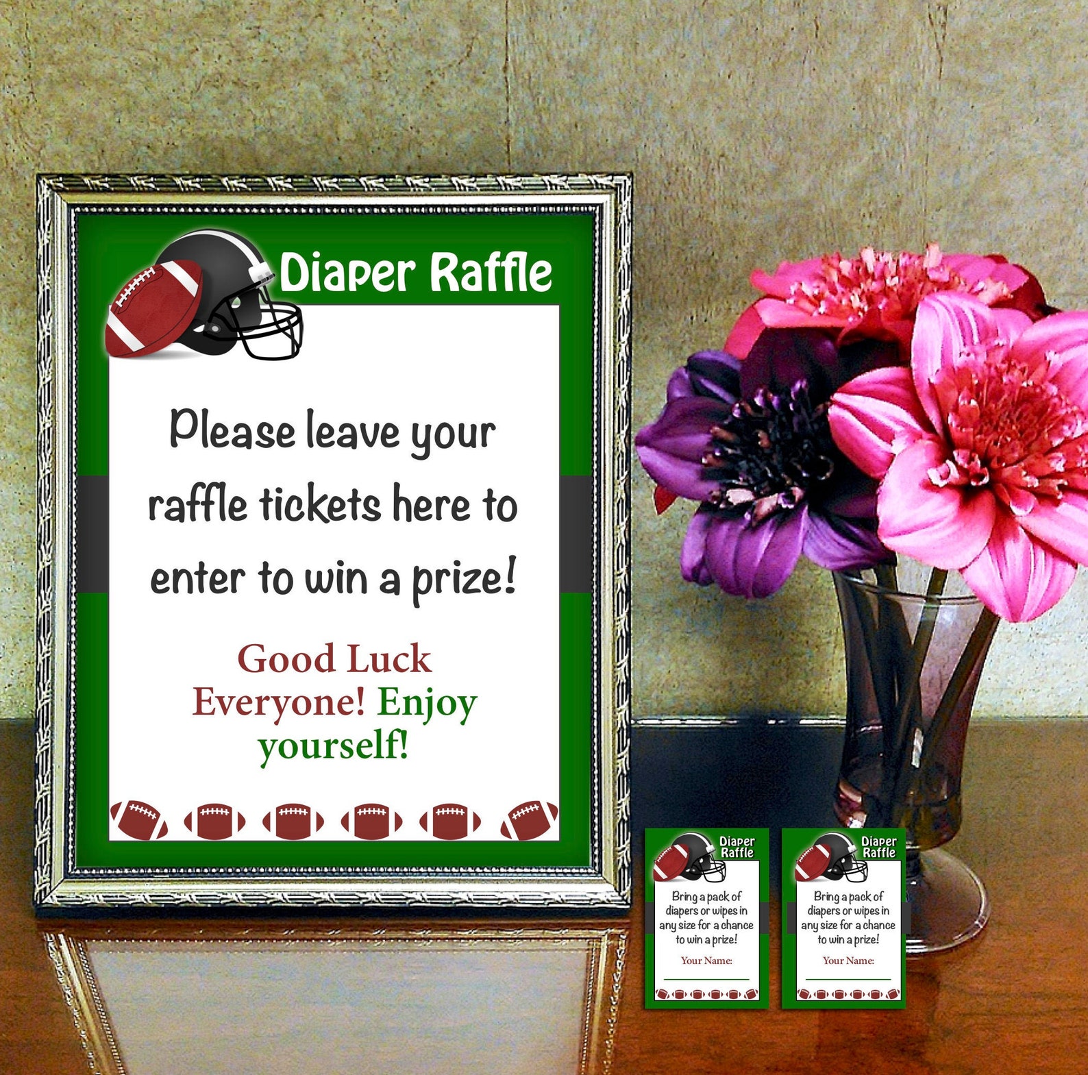 Football Baby Shower Diaper Raffle Sign and Tickets