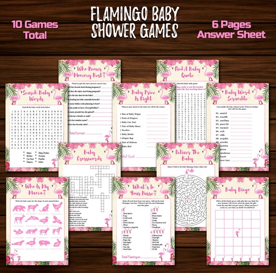 Girl Flamingo Baby Shower Games Package Aloha Summer Theme Watercolor