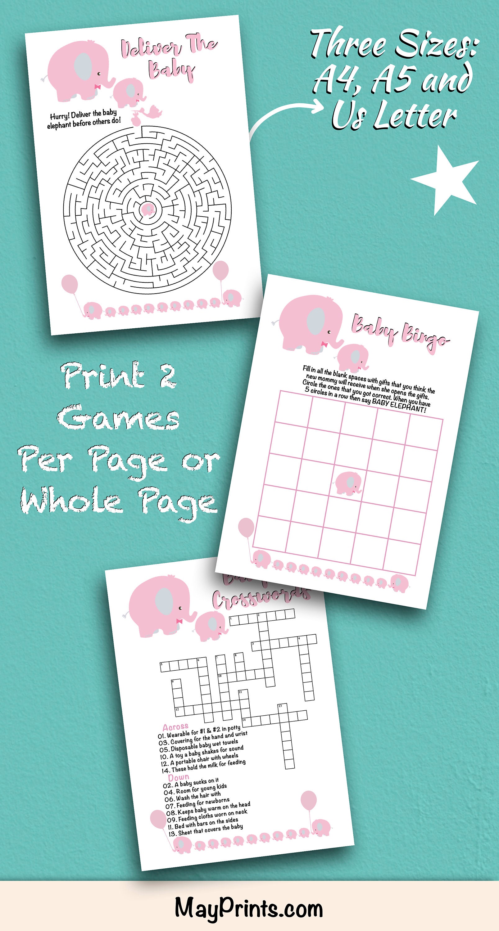 Pink Elephant Baby Shower Games, Pink and Grey Elephant Game Package ...
