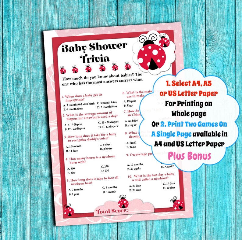 Baby Shower Trivia Game, Ladybug Printable Baby Shower Games, Cute ...