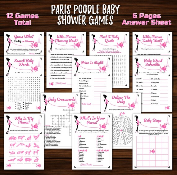 Paris Baby shower Games Package, Poodle Baby Shower Game, Paris Theme, Eiffel Tower, French Baby, Printable Games, FREE Pregnancy Checklist