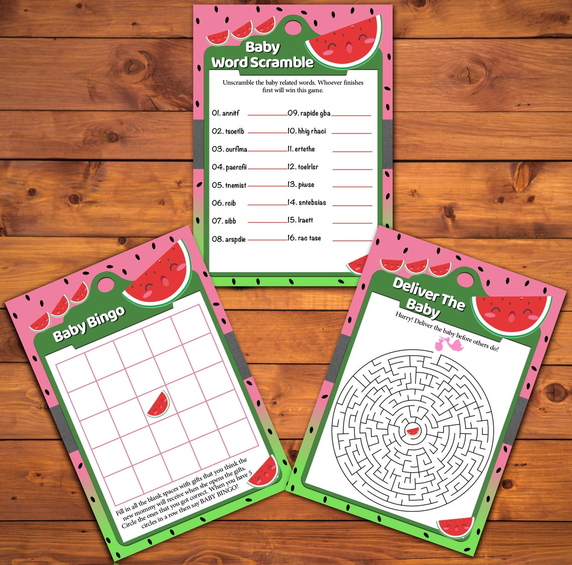 Watermelon Baby Shower Games Package, Printable Baby Shower Games