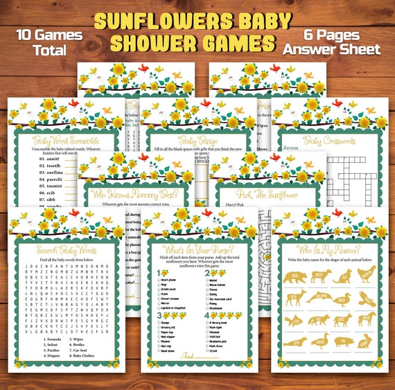 Instant Download Sunflower Baby Shower Games 10 Pack Baby Shower Games Sunflowers for Fall or Floral Baby Shower Printable Shower Games