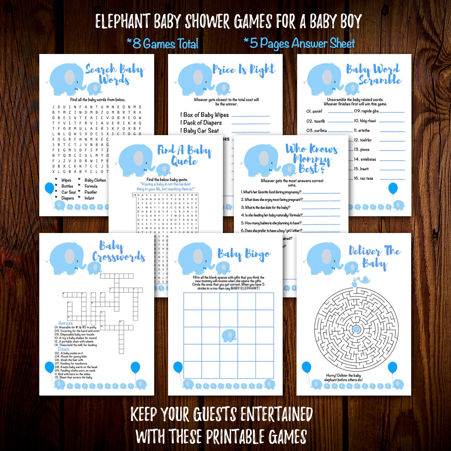 Blue Elephant Baby Shower Games Package Set Boy Elephant Baby Etsy