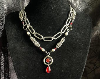 Gothic Grunge Red Gemstone and Pearl Beaded Spike Chainmail/Chainmaille Choker Steel Necklace 15/16”