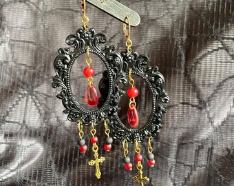 Ornate Gothic Red Vampire Red and Gold Cross Resin Frame Plated Hoop Earrings