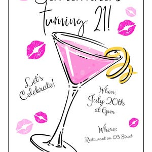 Martini-Geburtstag einladen, Rosa Geburtstag einladen, 21. Geburtstagseinladung, druckbare Einladung, bearbeitbare Vorlage für den digitalen Download