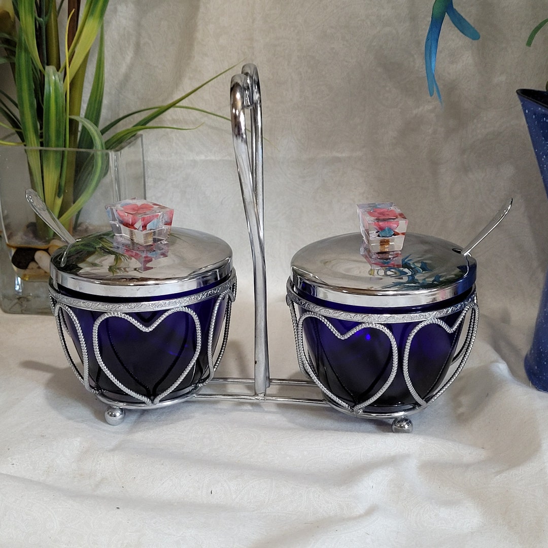 Vintage 1960s Table Ware Condiment Server Jam Bowls 2 Blue Glass Bowls ...