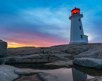 Impresión fotográfica de bellas artes del amanecer en Peggy's Cove Nova Scotia en 12x18 16x24 20x30 24x36 (metal, lienzo, impresión de bellas artes brillo / mate)