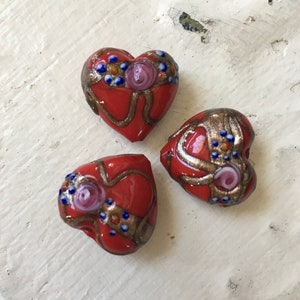Italian Wedding Cake Heart Beads,Glass Heart Beads,Red Heart Bead,Valentine Beads,Venetian Beads,Fiorato Murano Bead,Lampwork Heart Beads