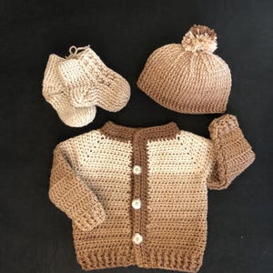 3 piece baby sweater set in brown ombre,Baby crocheted baby gift set,Handmade crochet baby sweater,hat, slipper set, Baby layette gift set