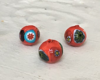 Millefiori 10mm Beads,Red Round Beads,Murano Glass Flower Beads,Lampwork Venetian Beads,Italian Glass,Glass Beads,Loose Beads,Italian Beads