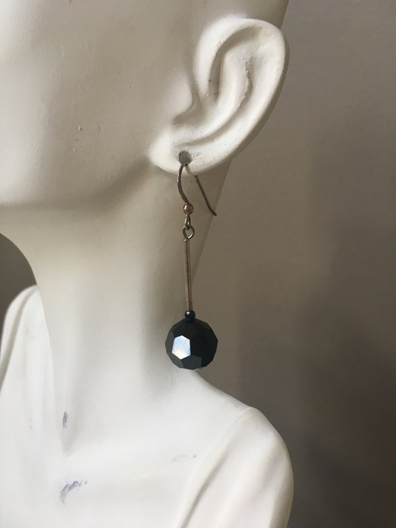 Vintage Black Crystal Ball Drop Earrings,Black Cry