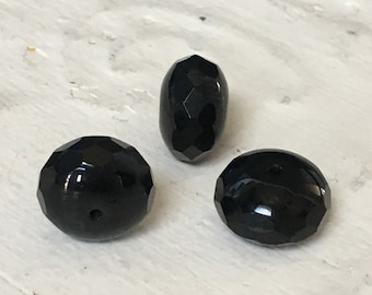 Set of 38 Black Glass Beads,Black Rondelles,Round Faceted Edge Beads,17mm Czech Firepolished Glass Beads,Faceted Black Rondelles,Loose Beads