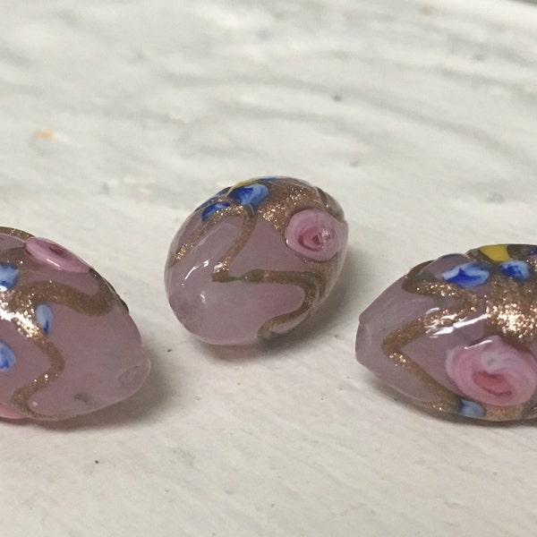 20mm Murano Glass Bead,Fiorato,Italian Wedding Cake Bead,Pink Bead,Oval Beads,Venetian Glass,Lampwork Bead,Italian Glass Beads,Loose Beads