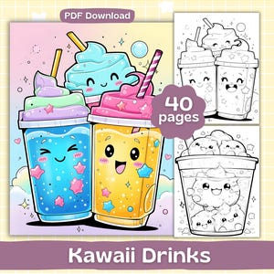 Könnte beinhalten: Bunte Illustration von Kawaii Drinks, mit Cartoon-Getränken mit lächelnden Gesichtern und Sternakzenten. Das Bild enthält den Text "PDF Download" und "40 Seiten". Die Getränke sind in Blau-, Gelb- und Rosatönen gehalten.