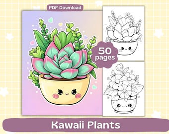 Páginas para colorear de plantas kawaii / Hojas para colorear de flores en macetas / Libro para colorear para adultos / Descarga digital