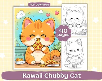 Dibujos para colorear de gatos kawaii / Hojas para colorear de gatitos adorables / Libro para colorear para adultos / Descarga digital