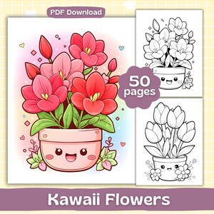Può includere: Un download digitale con un libro da colorare Kawaii Flowers. La copertina mostra un'illustrazione a cartoni animati di fiori rosa e rossi in un vaso sorridente. Include 50 pagine da colorare a tema floreale. Le parole "PDF Download" sono in alto.