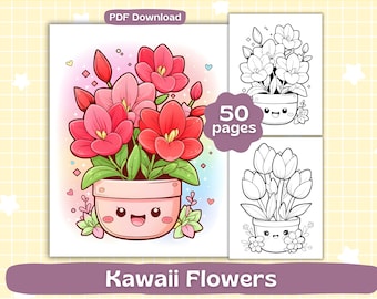 Páginas para colorear de flores kawaii / Hojas para colorear de plantas en macetas / Libro para colorear para adultos y niños / Descarga digital