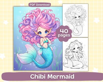 Dibujos para colorear de sirenas / Hojas para colorear de sirenas chibi / Libro para colorear imprimible / Descarga digital