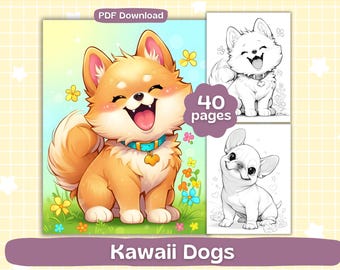 Dibujos para colorear de perros kawaii / Hojas para colorear de cachorros adorables / Libro para colorear para adultos / Descarga digital