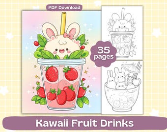 Páginas para colorear de bebidas de frutas kawaii / Libro para colorear para adultos / Imprimible / Descarga digital
