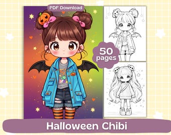 Páginas para colorear de chicas chibi de Halloween / Hojas para colorear de chicas espeluznantes / Libro para colorear imprimible / Descarga digital
