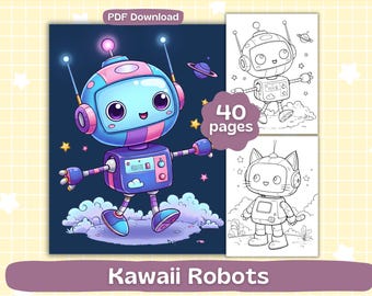 Páginas para colorear de robots kawaii / Hojas para colorear de androides caprichosos / Libro para colorear para adultos / Descarga digital
