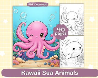 Dibujos para colorear de animales marinos kawaii / Hojas para colorear de animales marinos lindos / Libro para colorear para adultos / Descarga digital