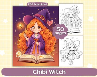 Dibujos para colorear de bruja chibi / Láminas para colorear de chica espeluznante / Libro para colorear imprimible / Descarga digital