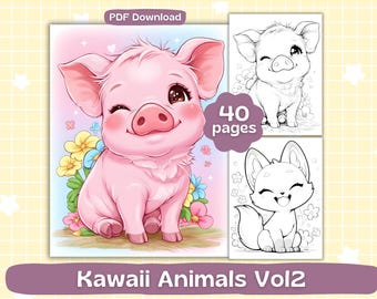 Dibujos para colorear de animales kawaii / Hojas para colorear de animales lindos del bosque y la granja / Libro para colorear para adultos / Descarga digital