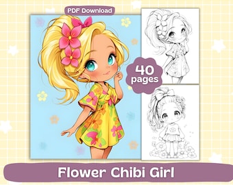 Páginas para colorear chibi / Hojas para colorear de niñas de las flores / Libro para colorear kawaii imprimible / Descarga digital